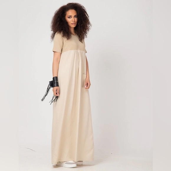 Adeptt MASUMI Short Sleeved Linen Maxi Dress in White NWOT Sz Large - Picture 1 of 12